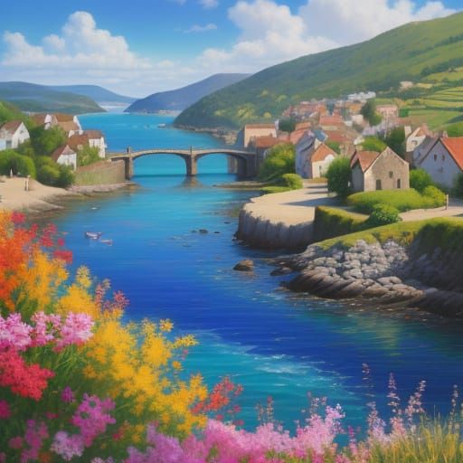 Vivid Oil Painting of a Sunny Village by a Pond
