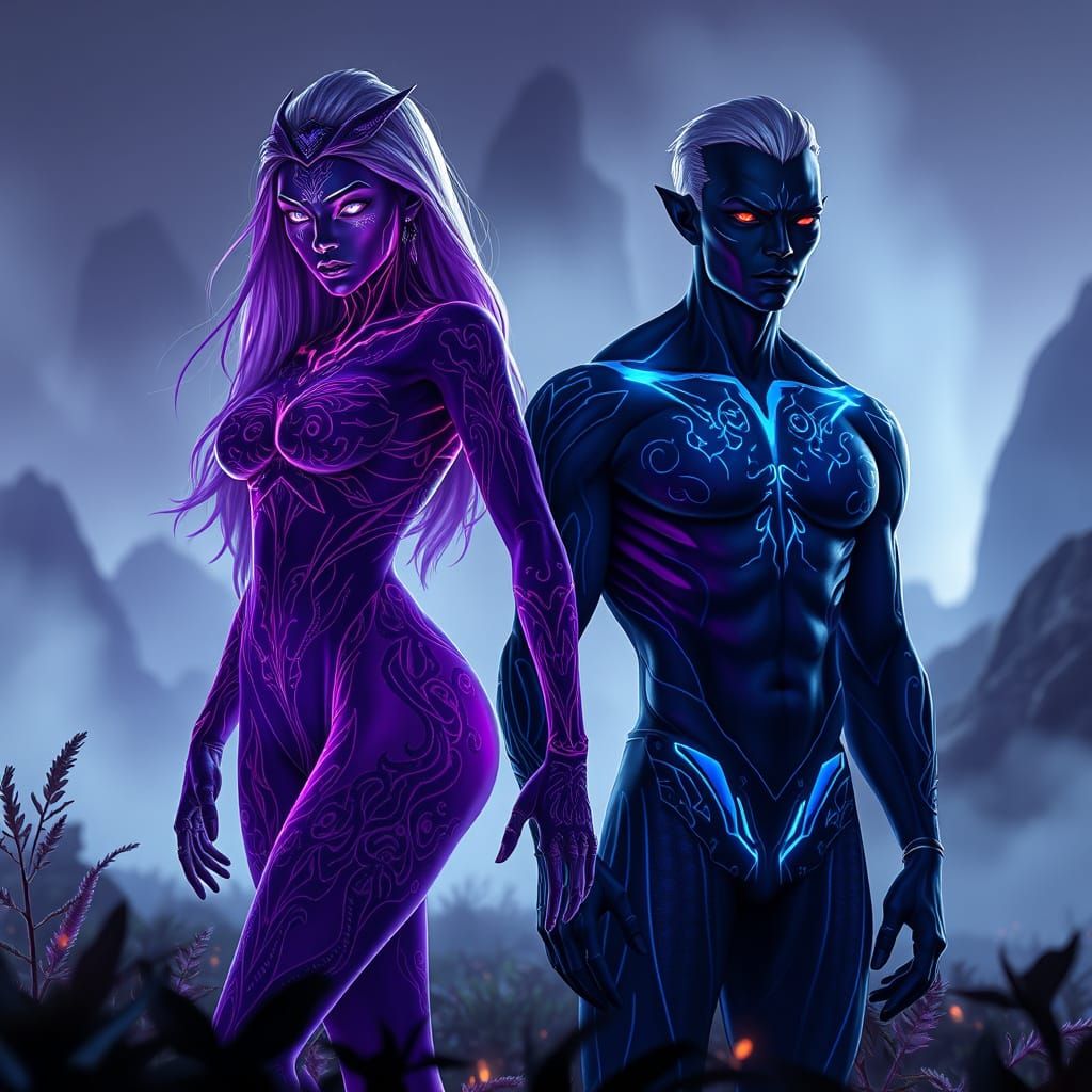 Radiant Alien Couple in Otherworldly Landscape