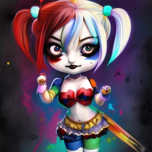 Chibi Harley Quinn in Vibrant Polychromatic Art