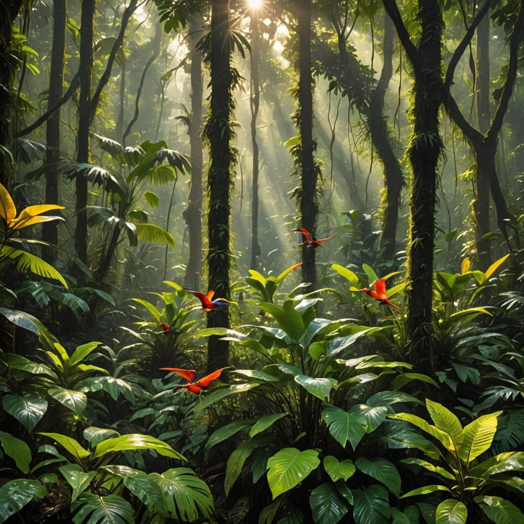 Sunlit Rainforest Sanctuary with Tropical Birds and Insects