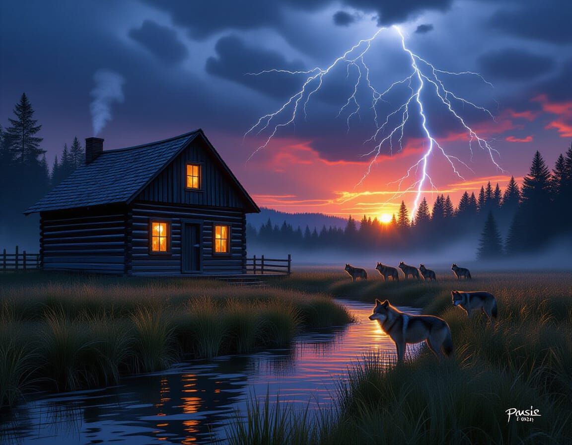 Frontier Cabin at Dusk with Approaching Storm