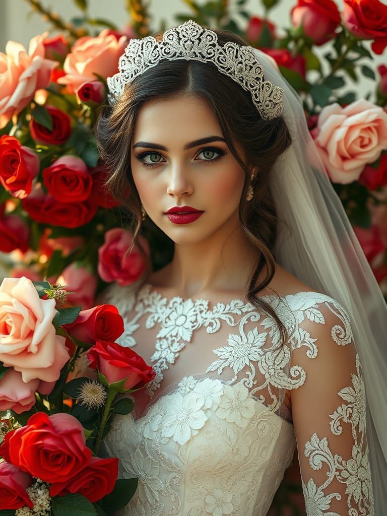 Elegant Vintage Bride in Opulent White Lace Gown with Red Ro...