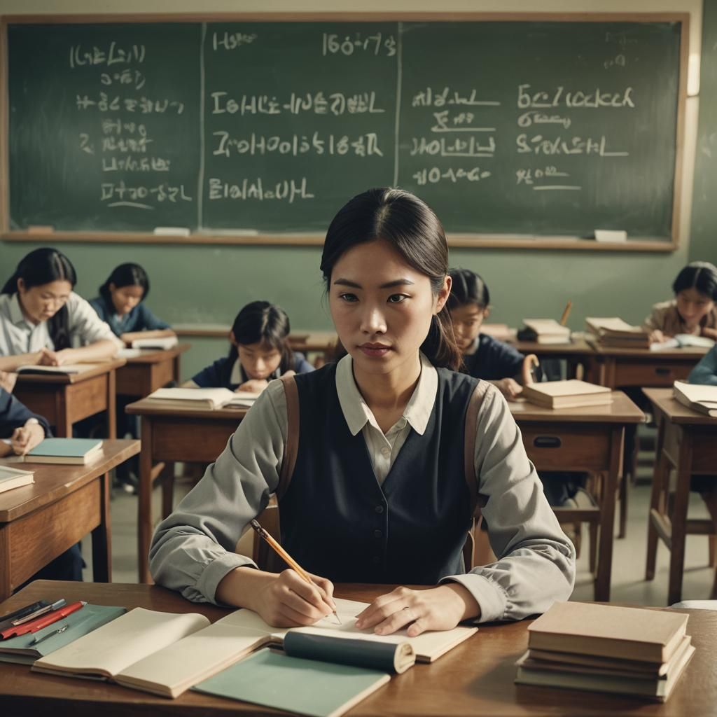 Elegant Asian Educator in Filmic Classroom Setting