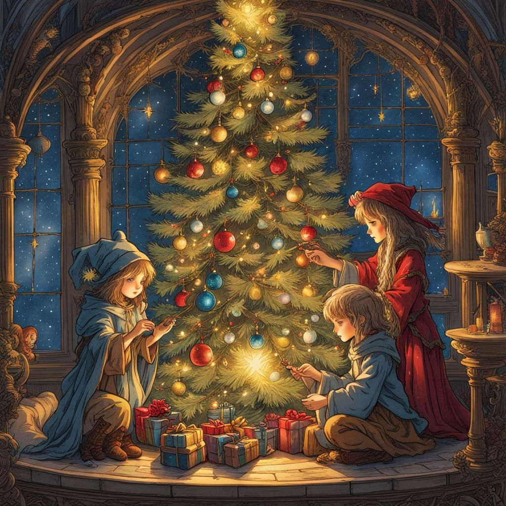 Whimsical Wizards Decorate a Christmas Tree