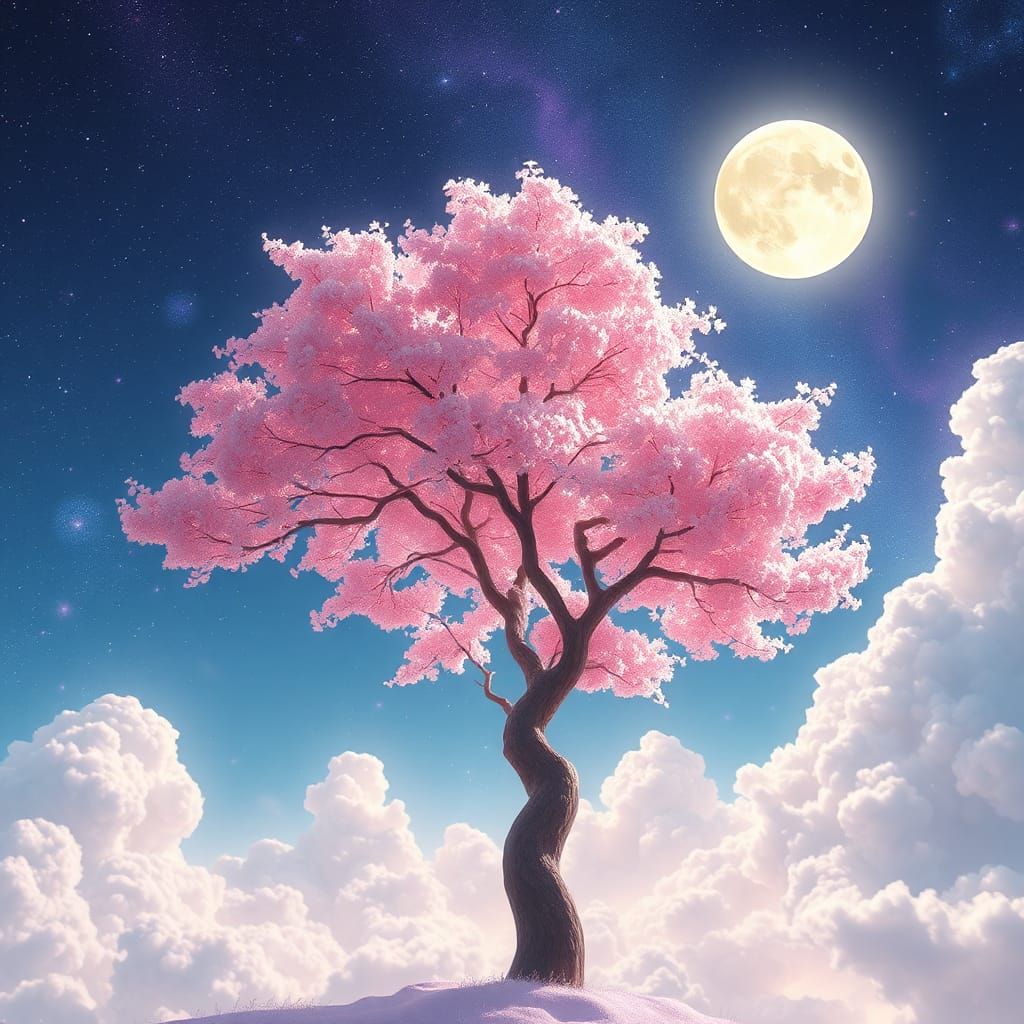 Glowing Cherry Blossom Tree in Vibrant Galaxy Sky with Fluff...