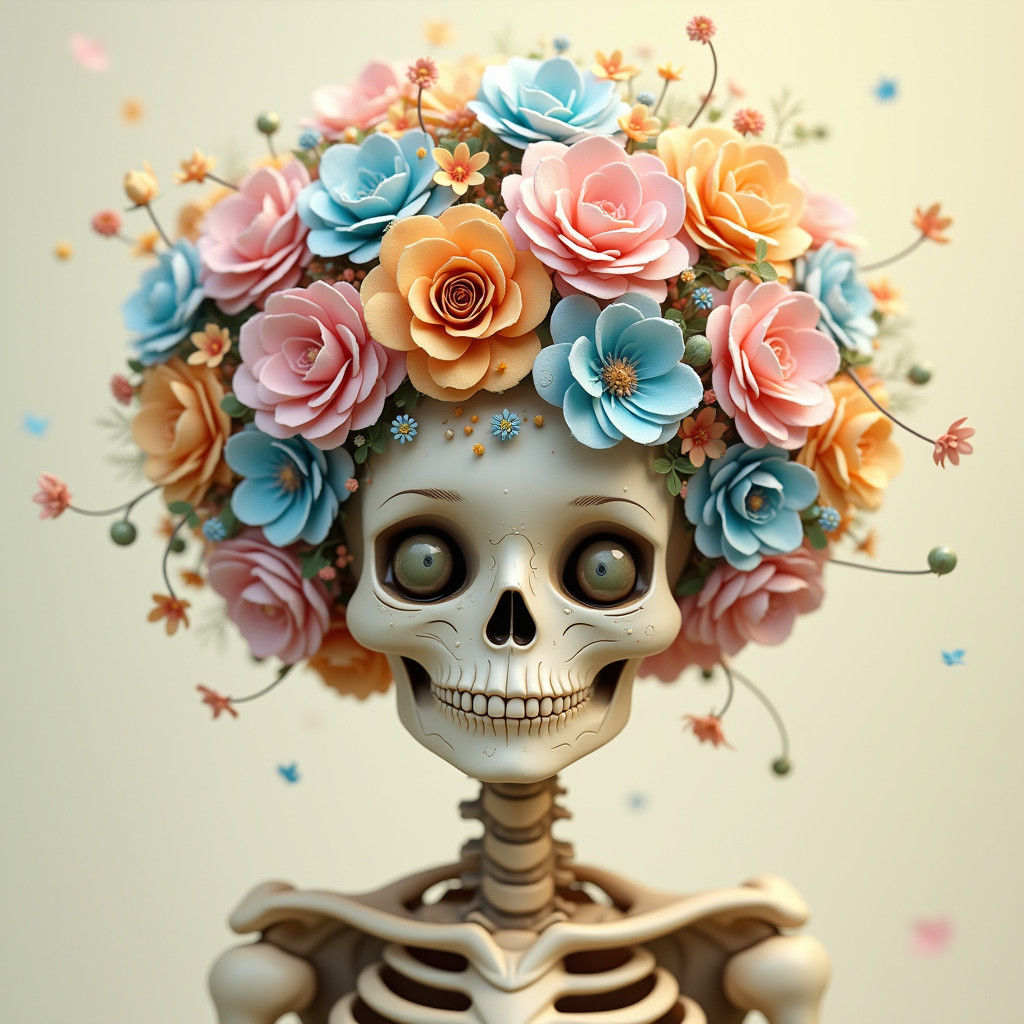 Whimsical Skeleton with Floral Afro in a Dreamlike Scene