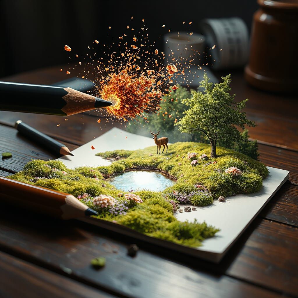 Pencil Exploding into Mossy Landscape in 3D Style