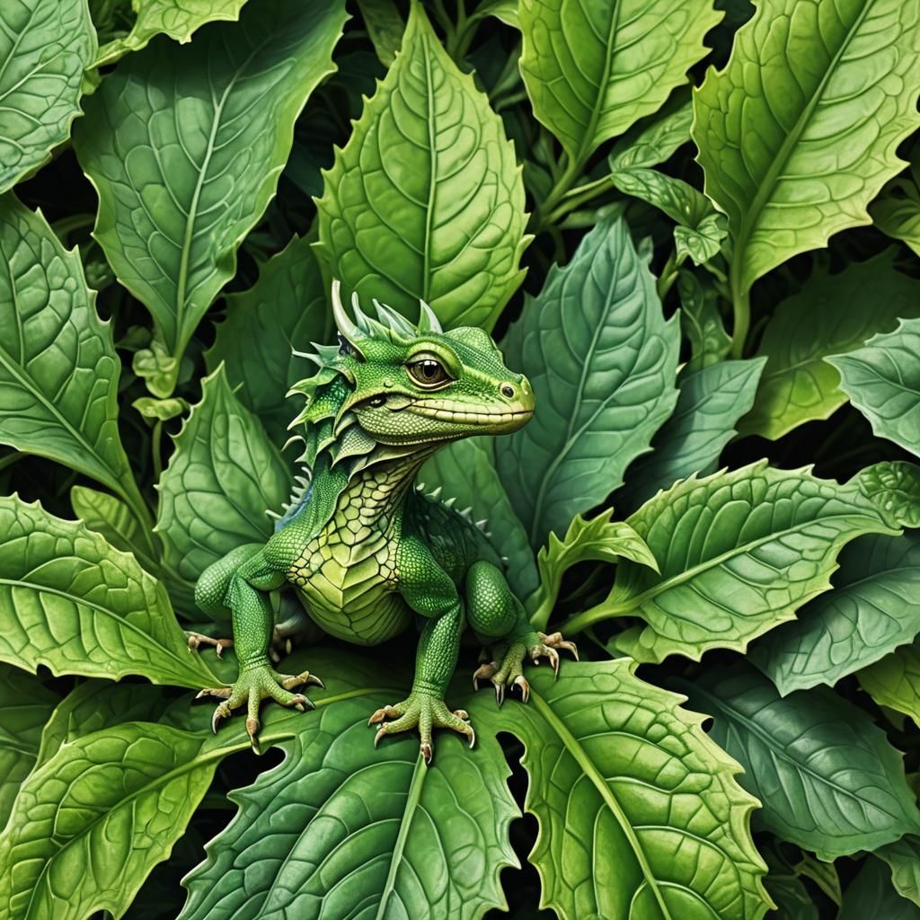 Tiny Green Dragon Sits on a Large Leaf in Realistic Cel Shad...