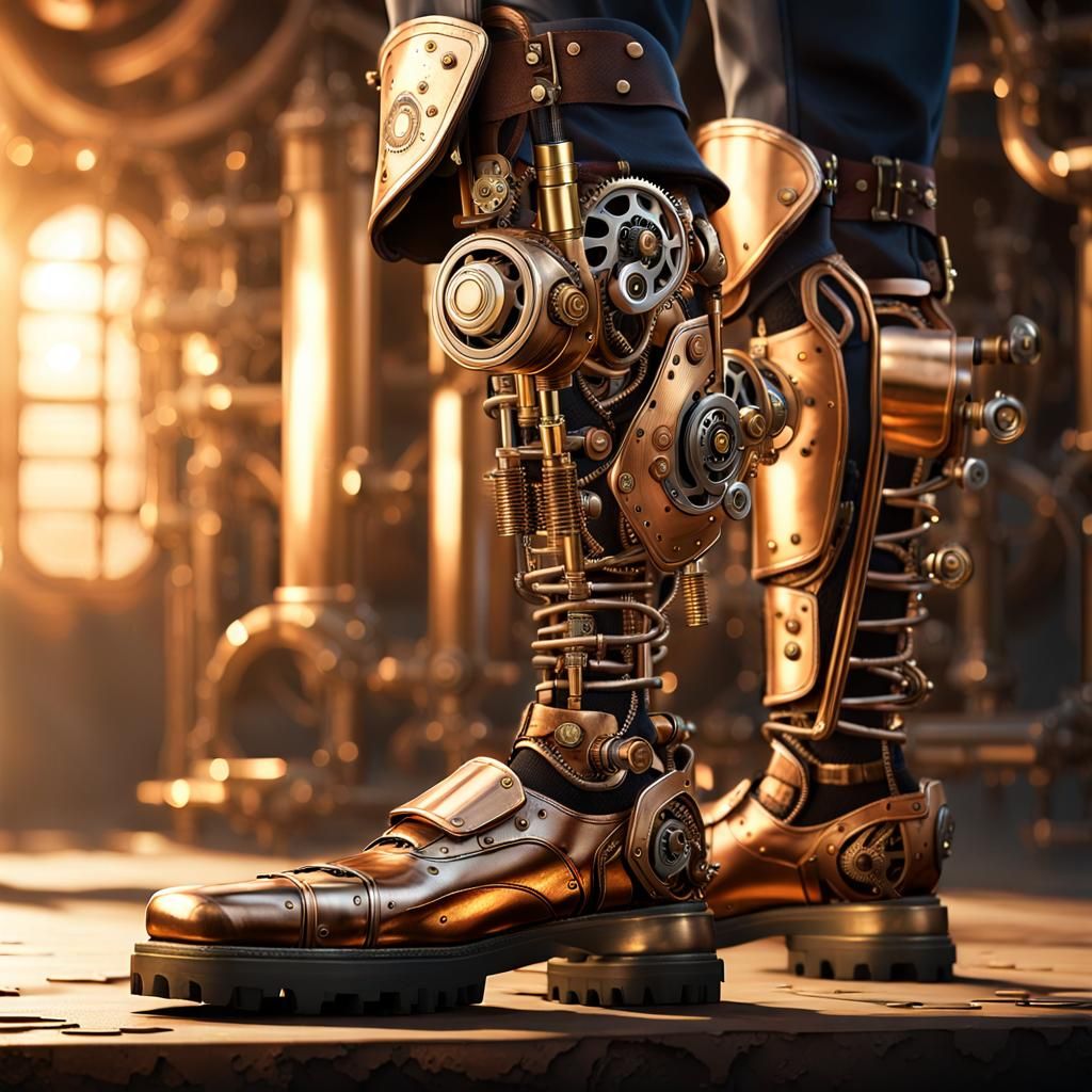 Intricate Steampunk Cyborg Leg with Exposed Cogs and Brass D...