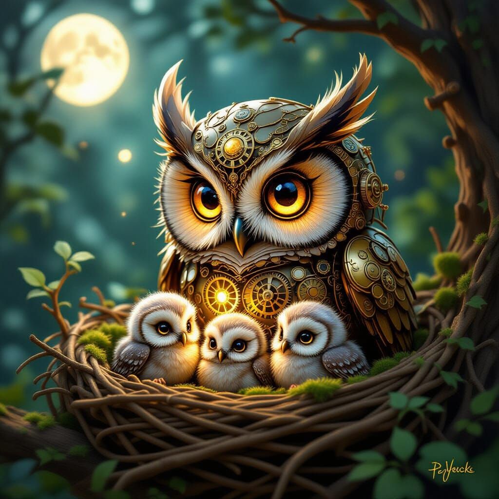 Clockwork Owl Tends Baby Owls in Steampunk Nest