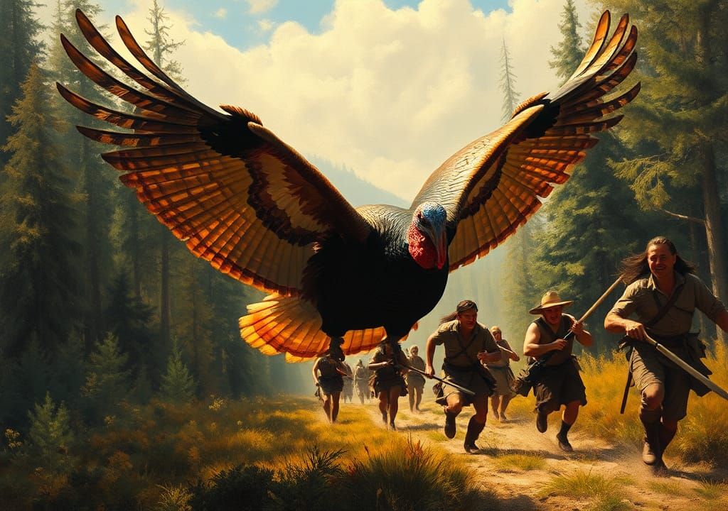 Majestic Turkey in Flight Amidst Historical Pursuit