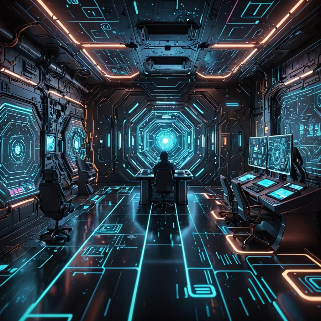 Futuristic AI Control Room in Dark Space