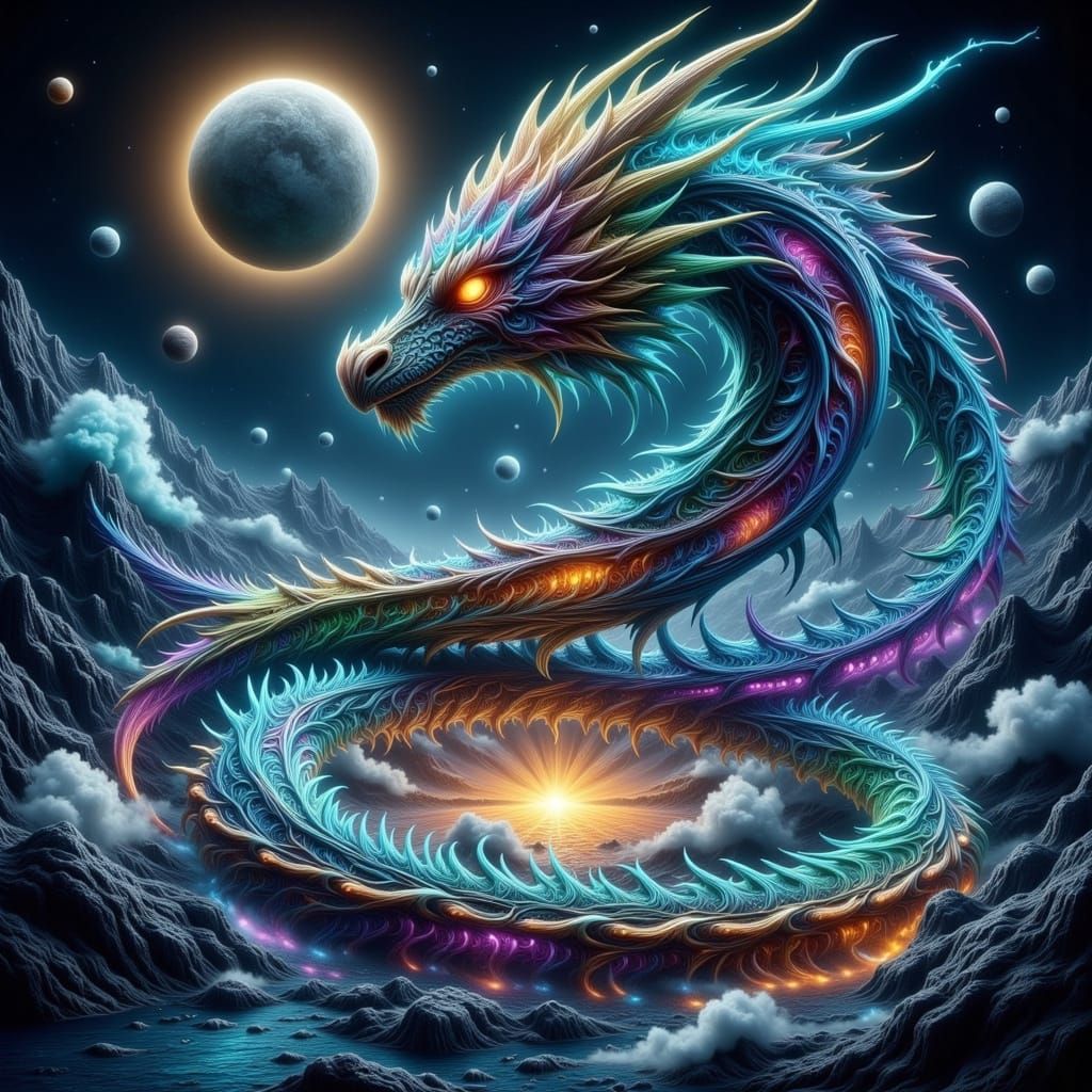 Iridescent Dragon Splashing Under Moonlight