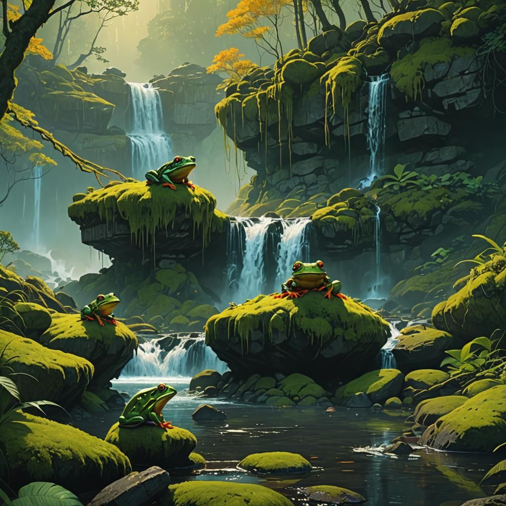Fantasy Frogs Amidst a Waterfall Paradise in Vibrant Colors