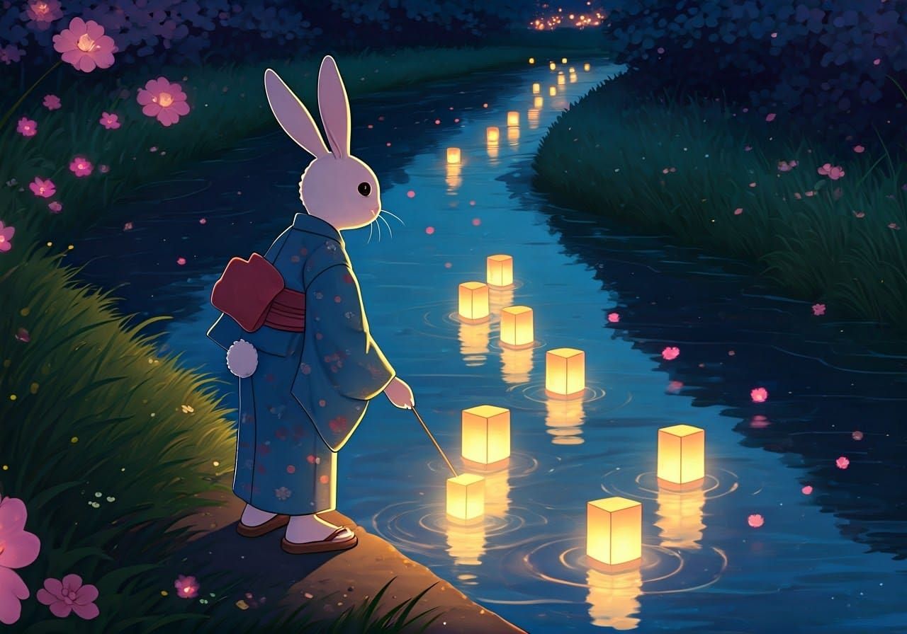 Gentle Rabbit Releases Lanterns on Serene River at Obon Fest...