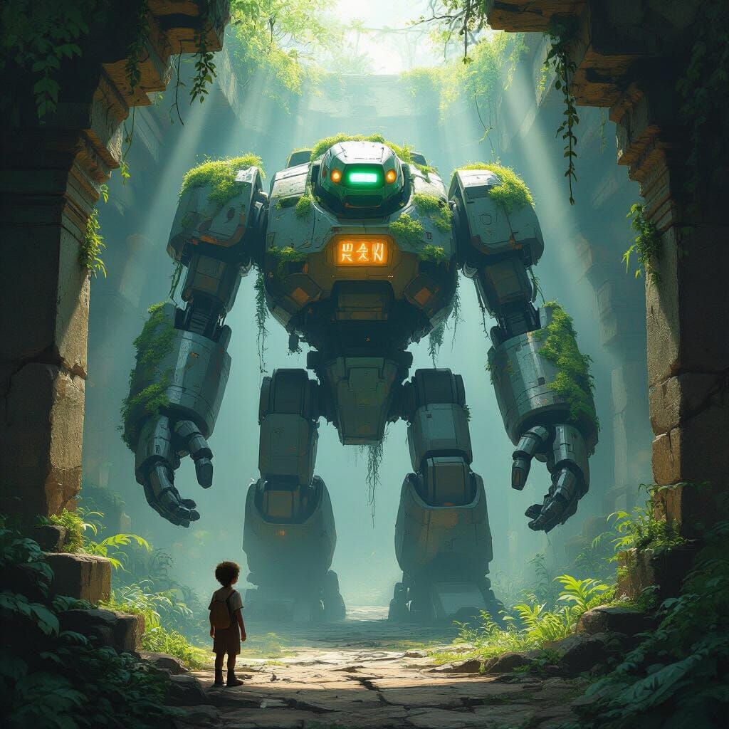 Ancient Robot in Jungle Temple, Studio Ghibli Style