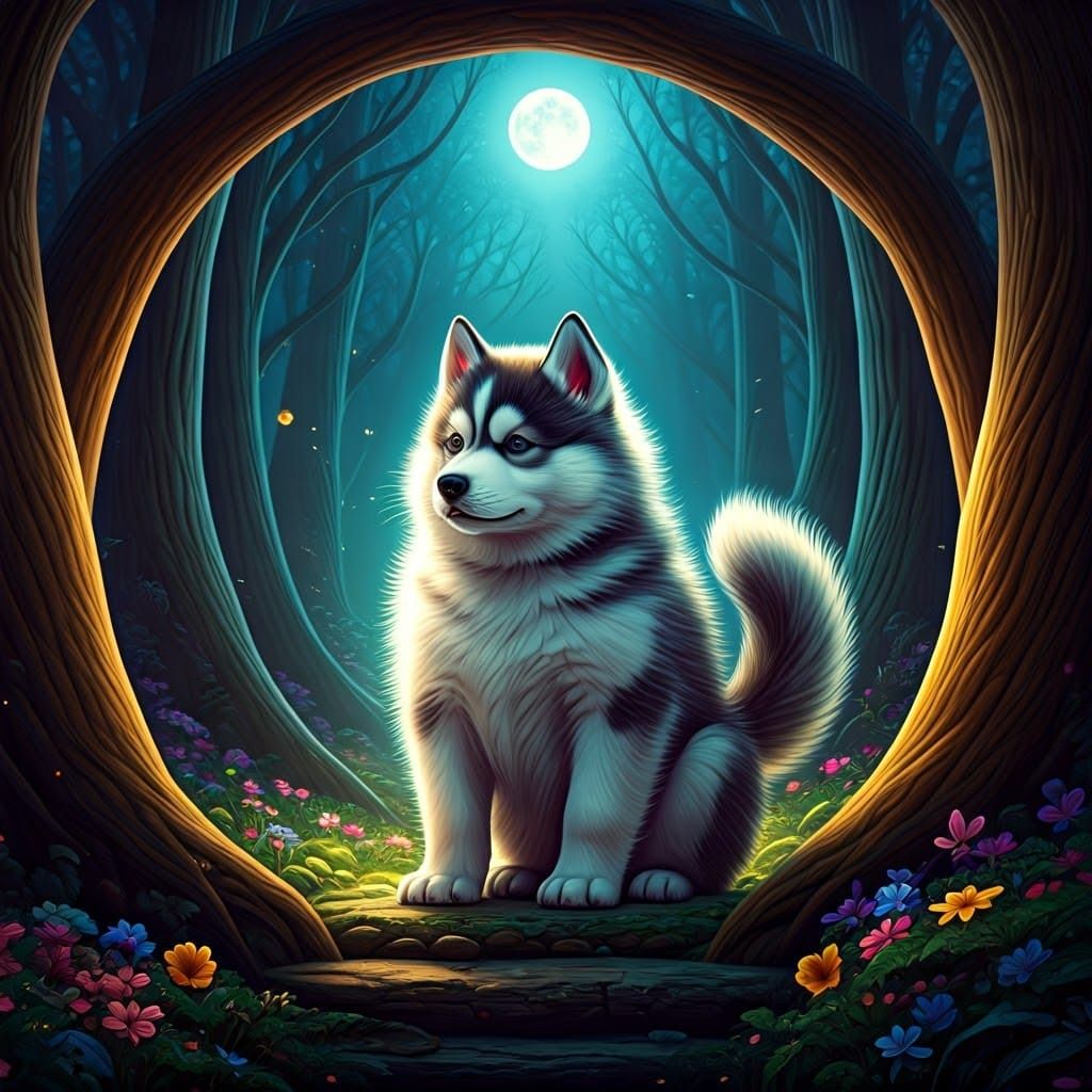 Mythic Siberian Husky Embarks on Whimsical Forest Quest