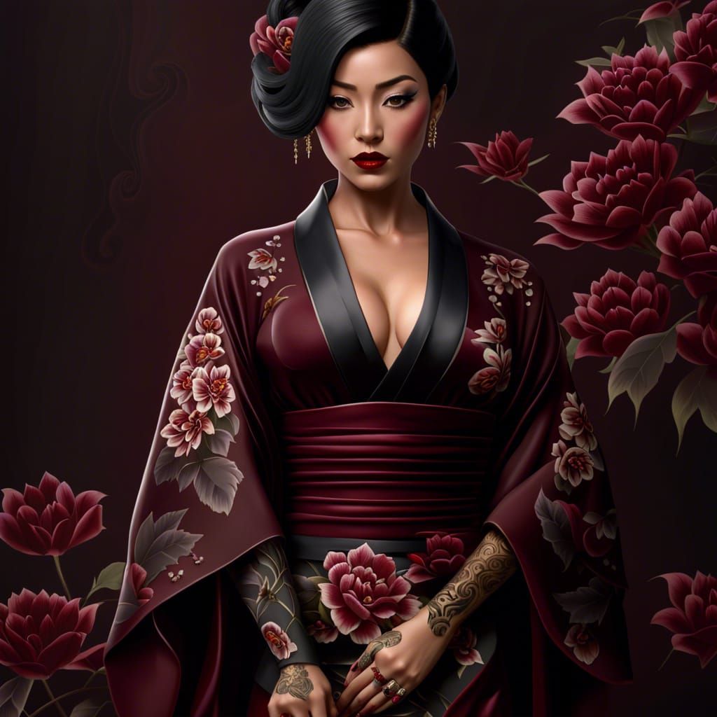 Classy Japanese Pin-up in Dark Burgundy Kimono