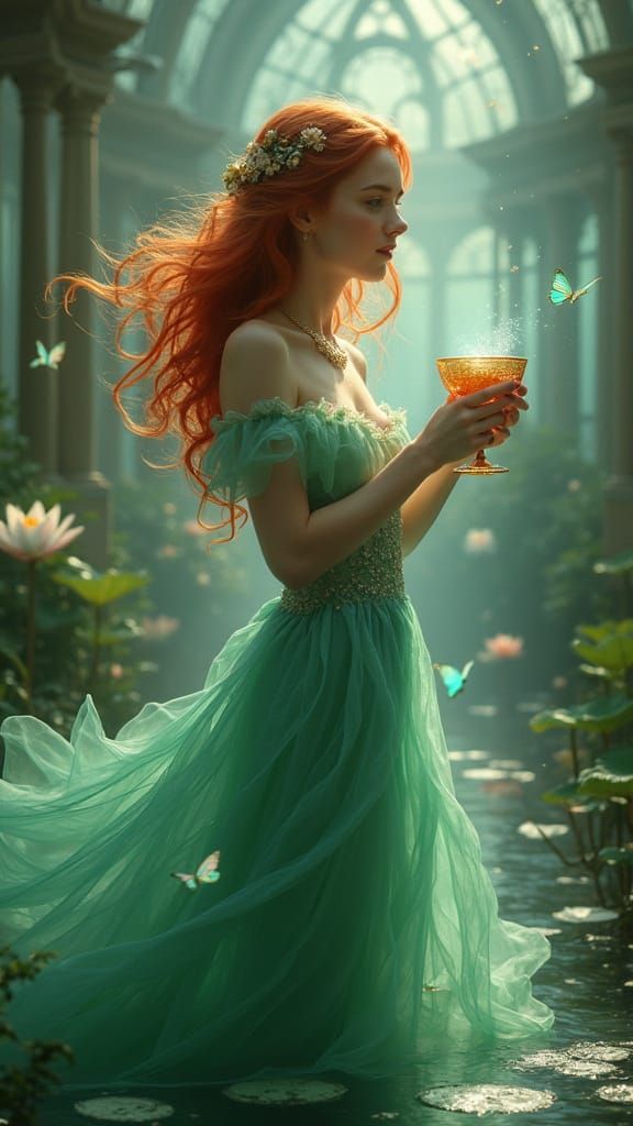 Ethereal Woman in Glass Conservatory: Digital Art