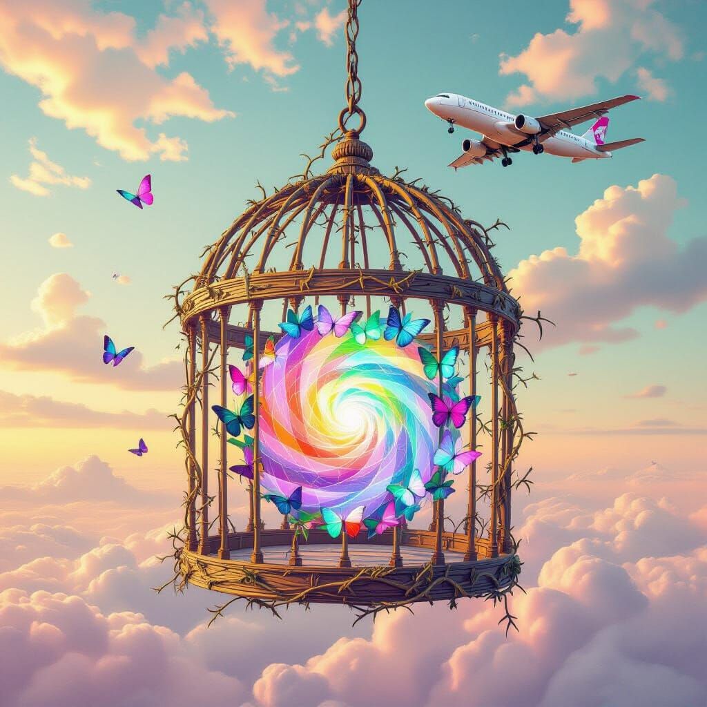 Surreal Birdcage Vortex of Butterflies in Pastel Sky