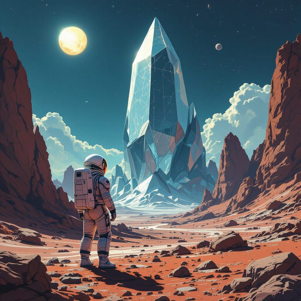 Astronaut on Alien Planet Gazing at Crystalline Structure