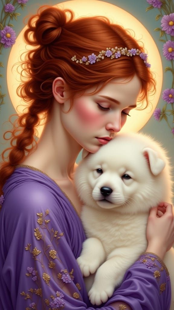 Woman Tenderly Hugs Puppy in Violet Robe, Pre-Raphaelite Sty...