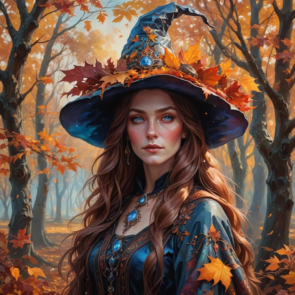 "A witch with long chestnut hair and blue eyes,