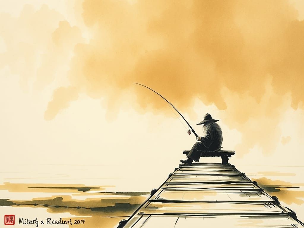 Wizard Fishing on Pier in Autumnal Ink Wash