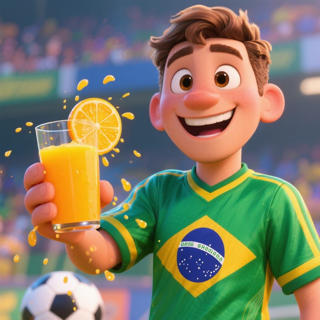 Cartoon Soccer Player with Orange Juice in Whimsical Style