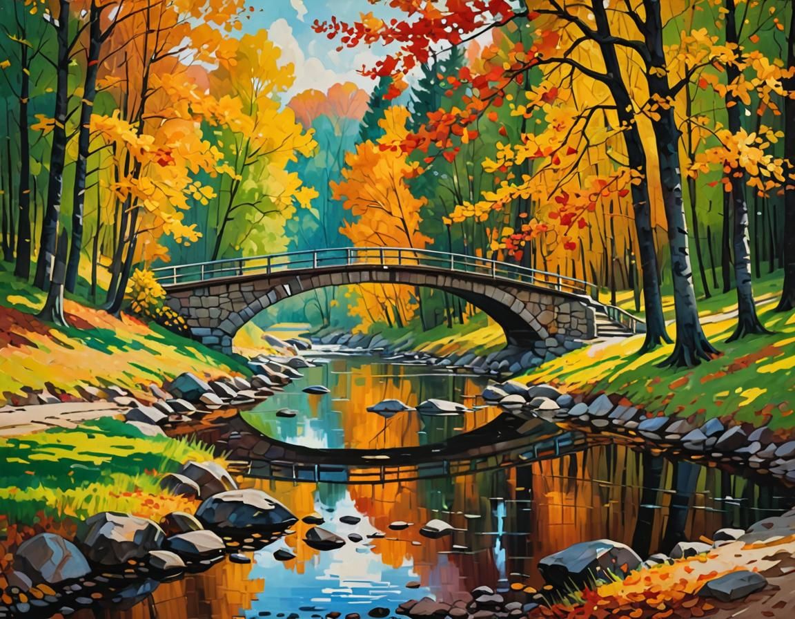 Autumn Creek Landscape in Impressionist Style