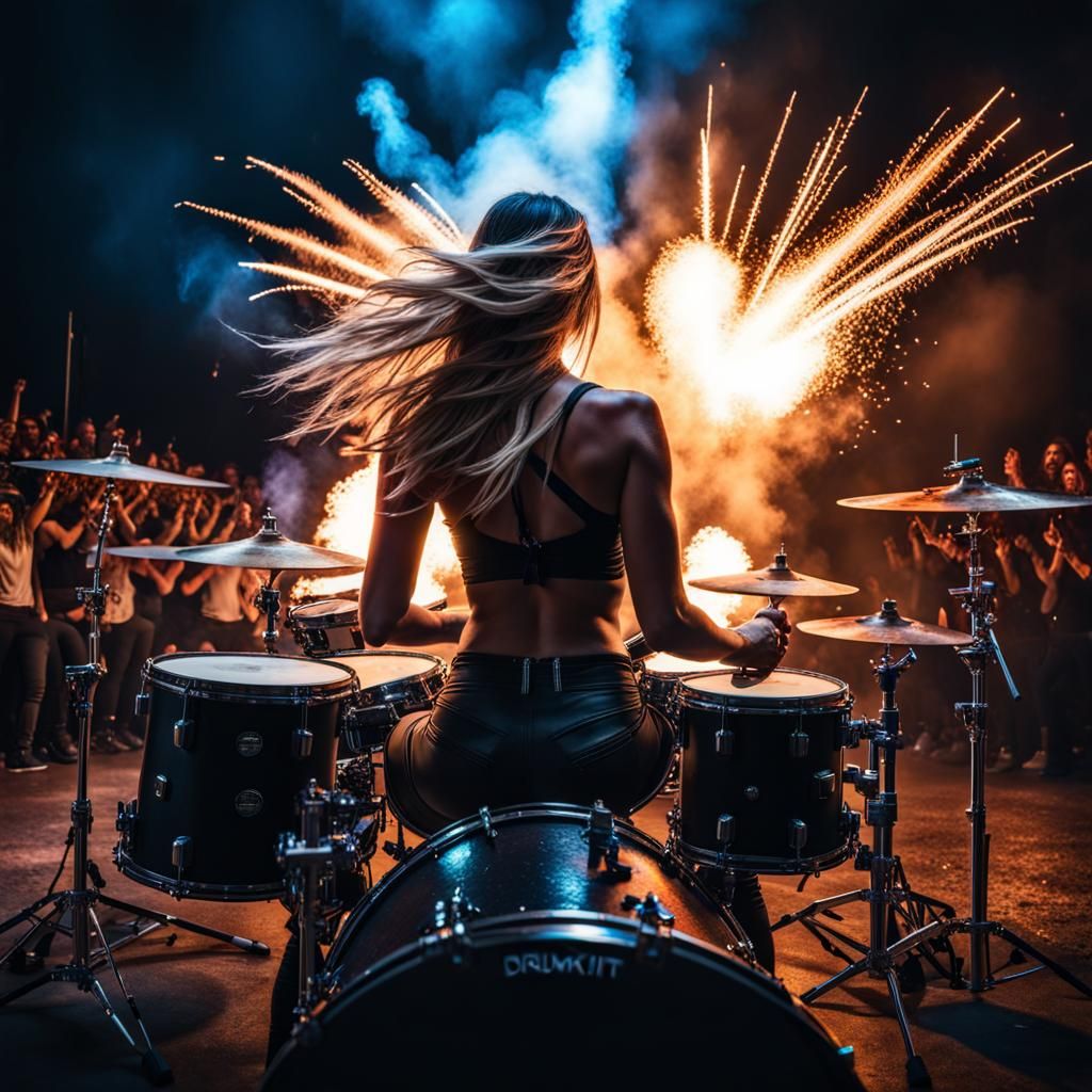 Glowing Drummer Girl Set Loose Behind Pyrotechnic Drumkit