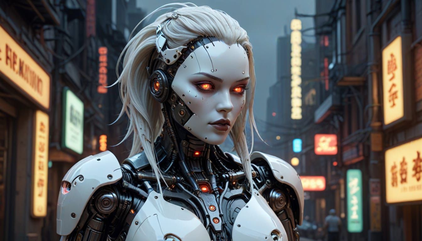 Gothic Gynoid Pinup with Cyberpunk City Lights