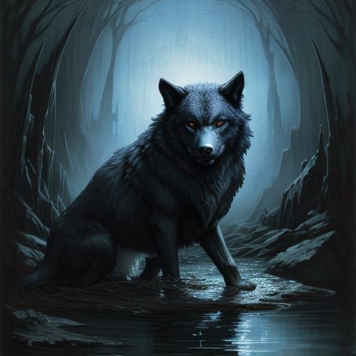 Gustave Doré Maximalism, horror. Dark luminous wolf bathing.