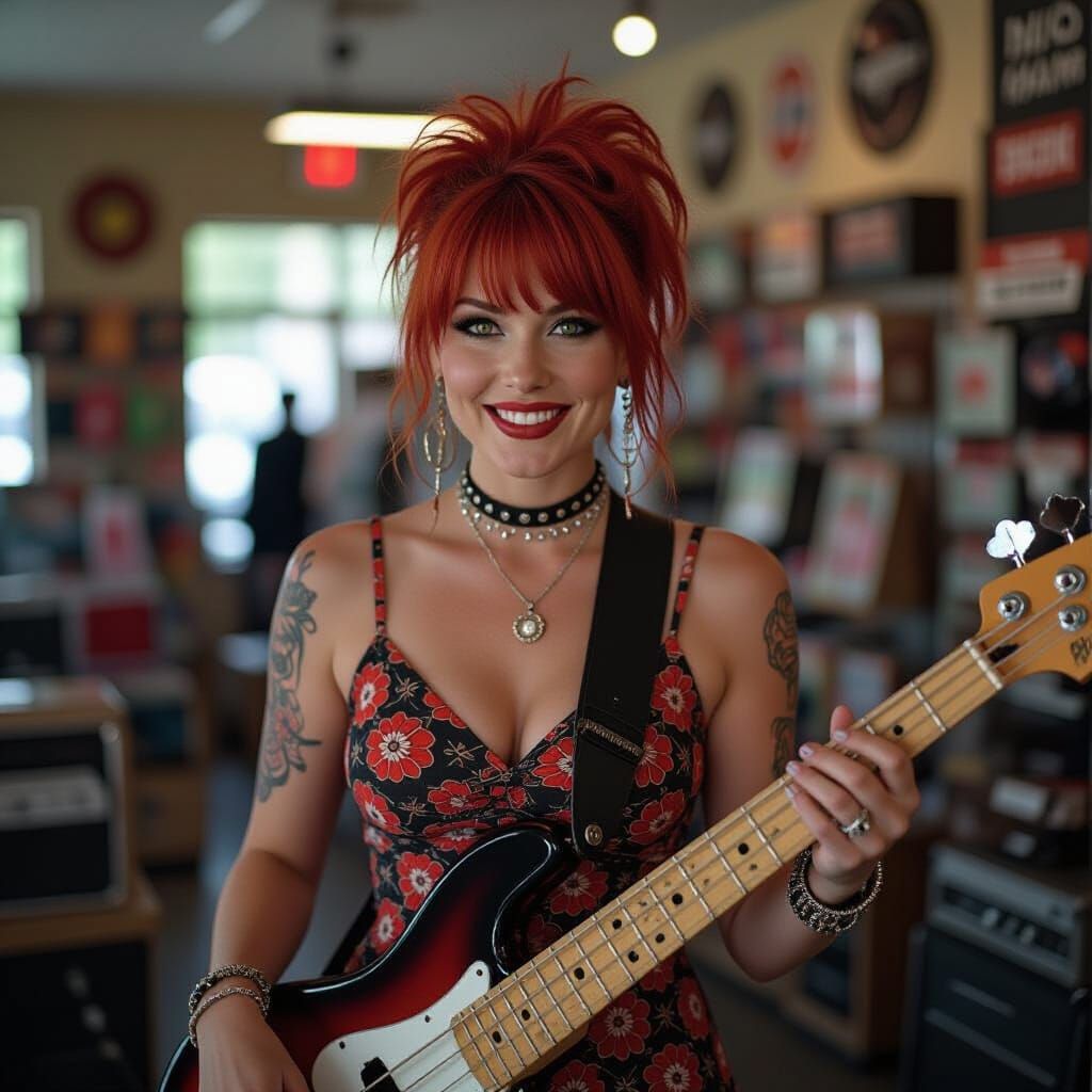 Punk Rock Musician with Bass Guitar in Store