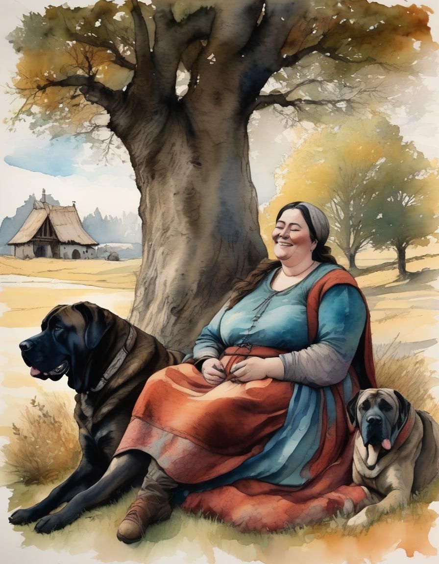 Cheerful Peasant Woman with Mastiff: Alcohol Ink Illustratio...