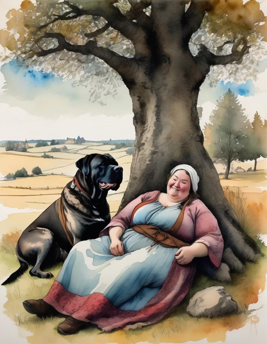 Peasant Woman and Mastiff in Alcohol Ink