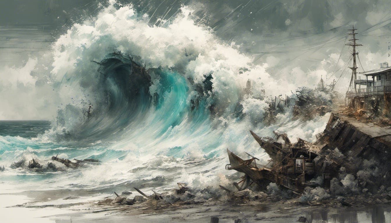 Tsunami Wave Crashes into Japanese Coast in Textured Speedpa...