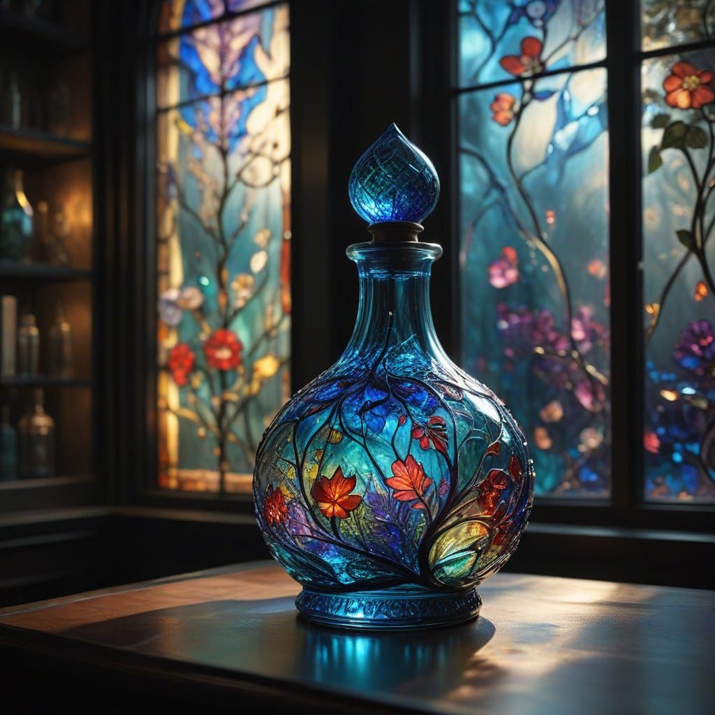 A stained glass window with rich, layered colors of blues, purples, and reds, casting a beautiful glow across a room. Th...