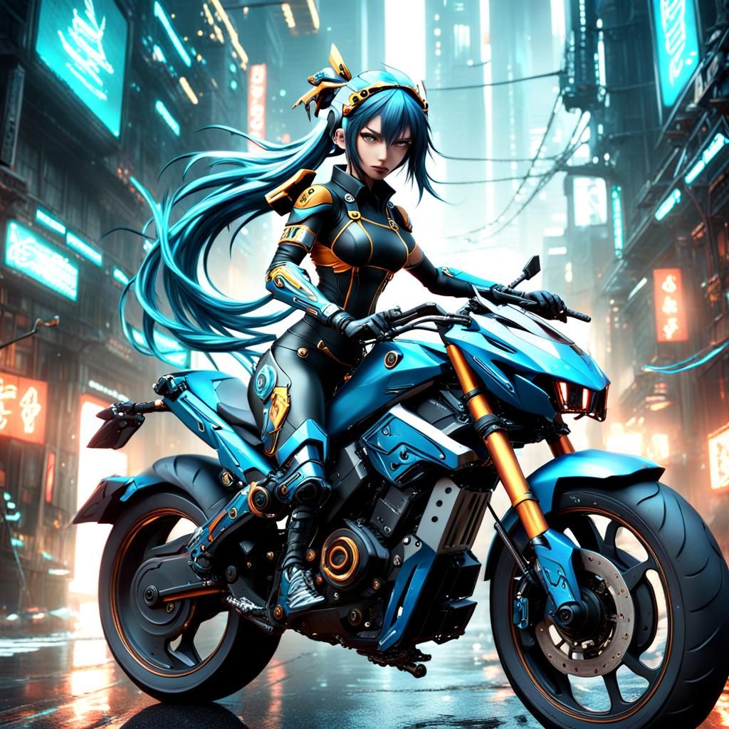 Cyberpunk Fantasy Biker Girl in Vibrant Splendor