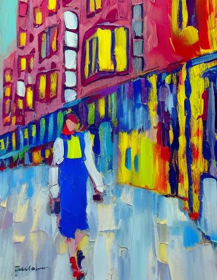 Woman Walking Through Urban Landscape in Vibrant Oil Paintin...