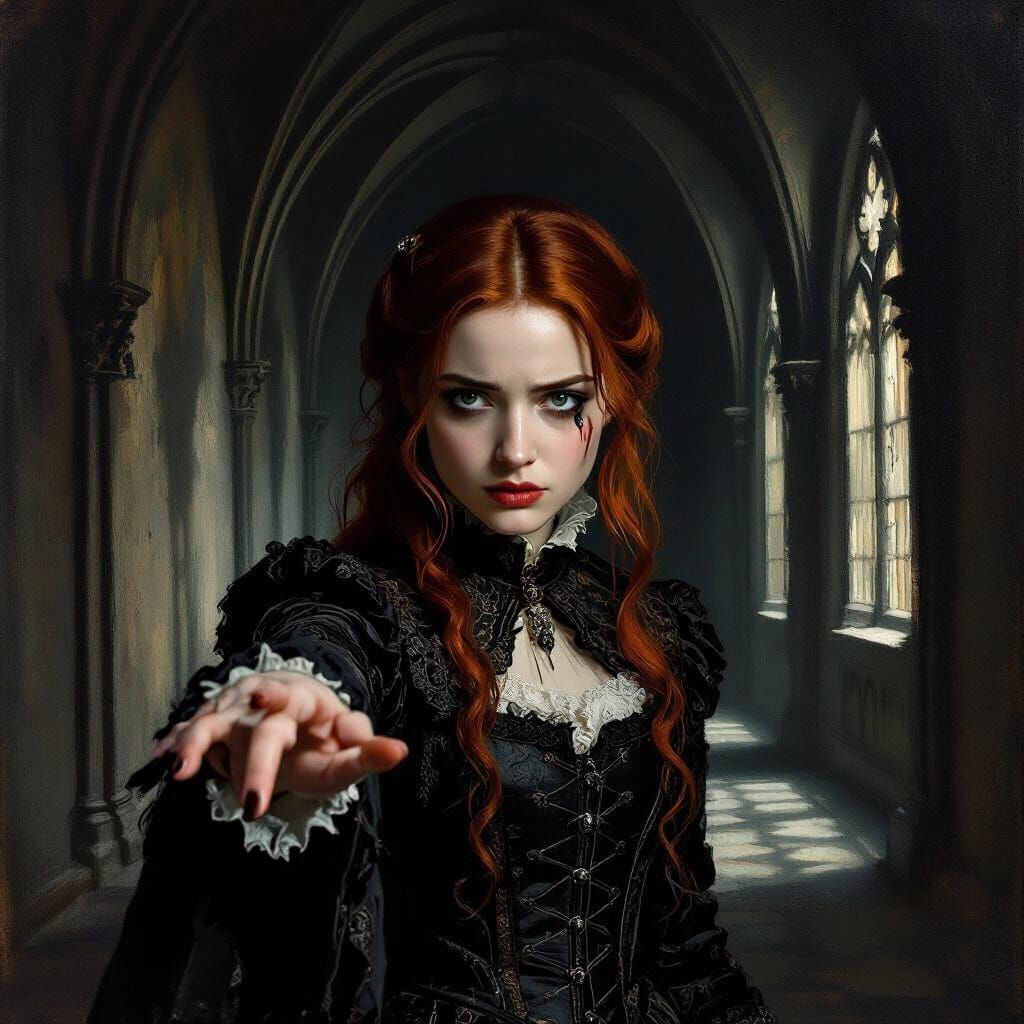 Woman in Gothic Corridor, Chiaroscuro Style
