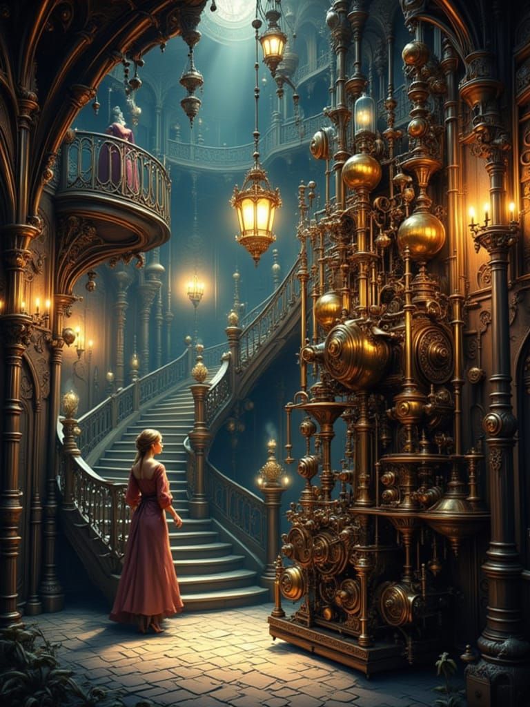 Fairy Cleans Chandelier While Witch Watches, Steampunk Engin...