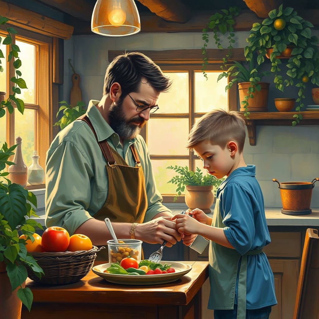 Father and Son Prepare Lunch: Ethereal Fantasy Art