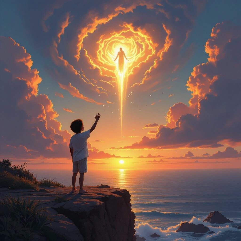 Boy and Deity at Sunset in Retro Sci-Fi Style