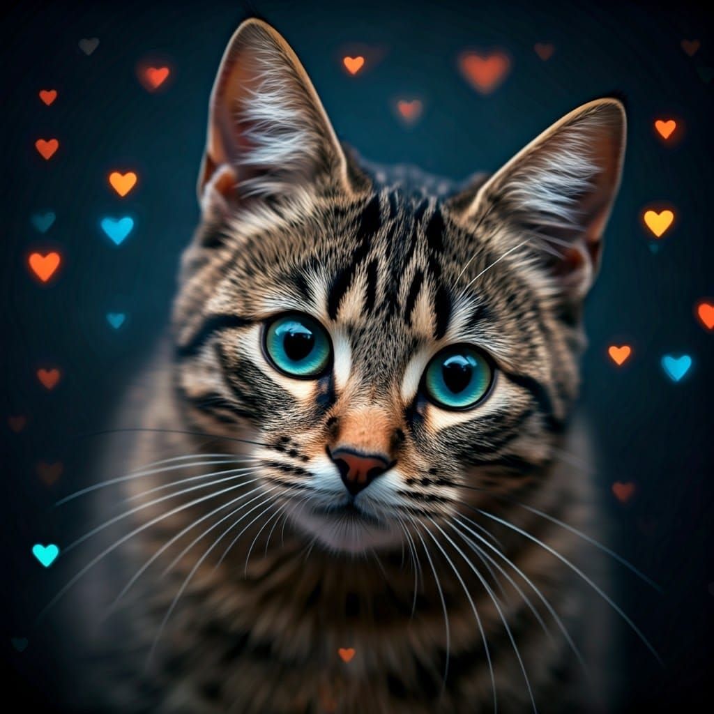 Vibrant Hearts Descend on a Serene Feline Form in Cyberpunk...