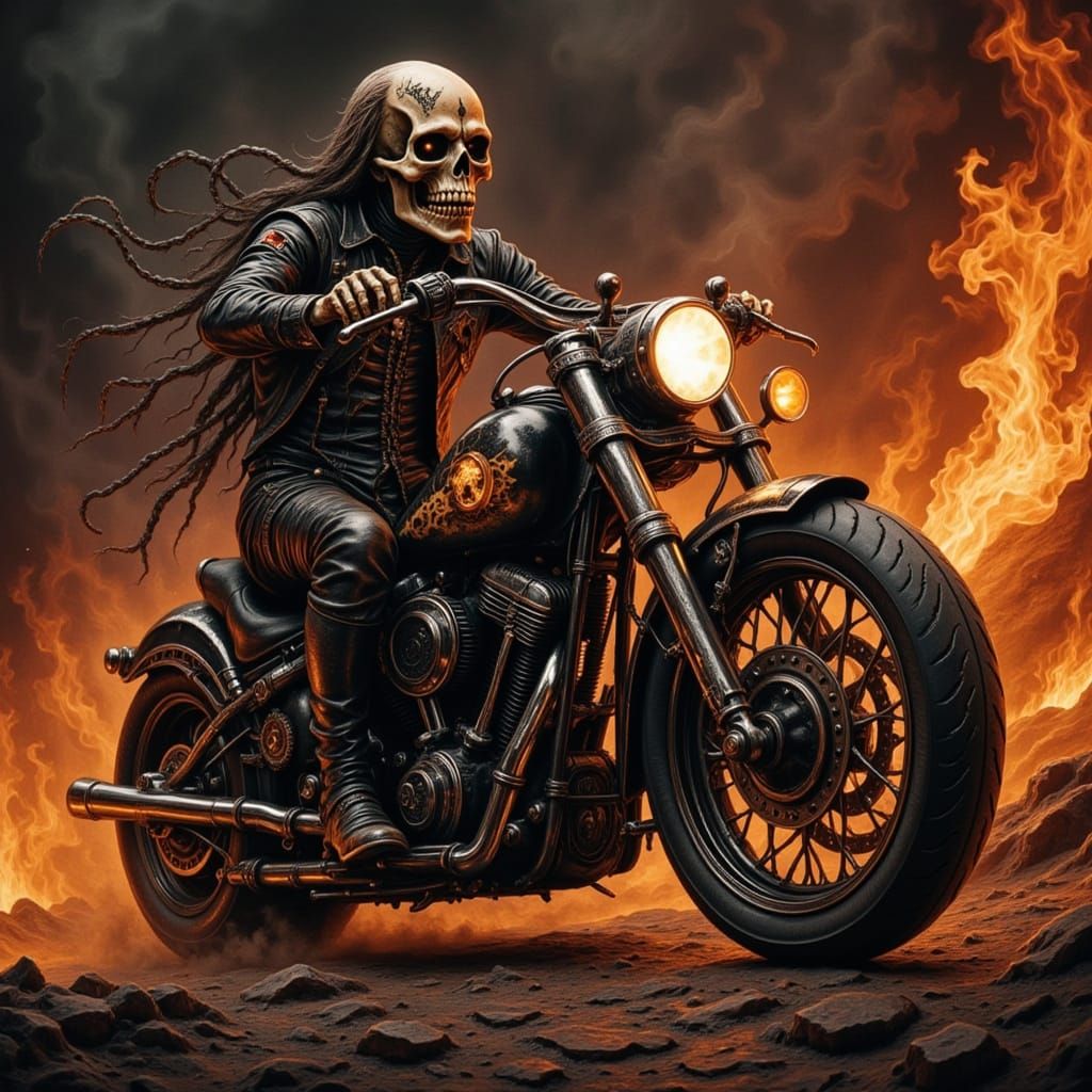 Skeletal Rider on Chopper Blazing Out of Hell in Hyperrealis...