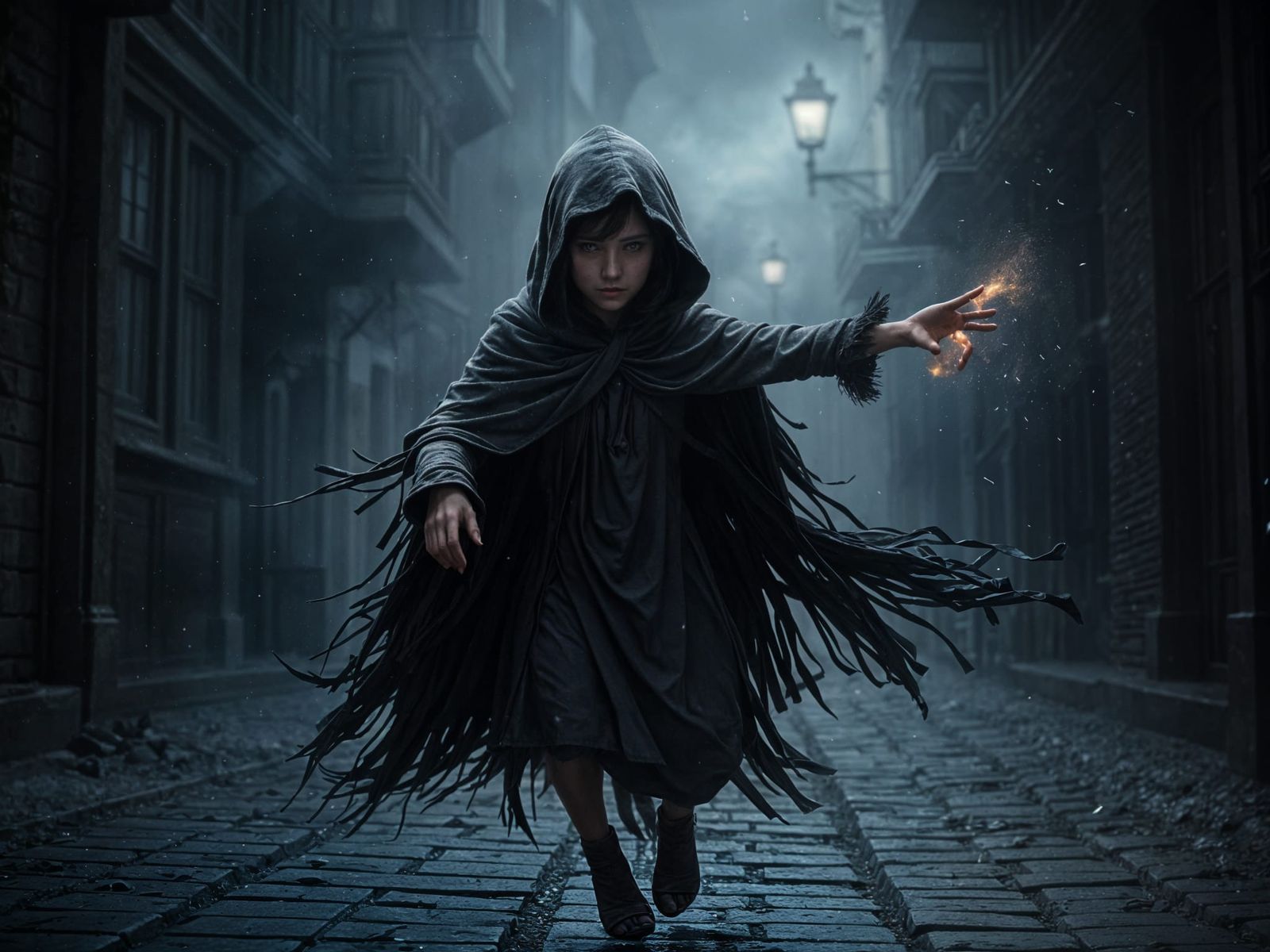 Scrawny Girl Flies Through Misty Night in Fantasy Digital Ar...