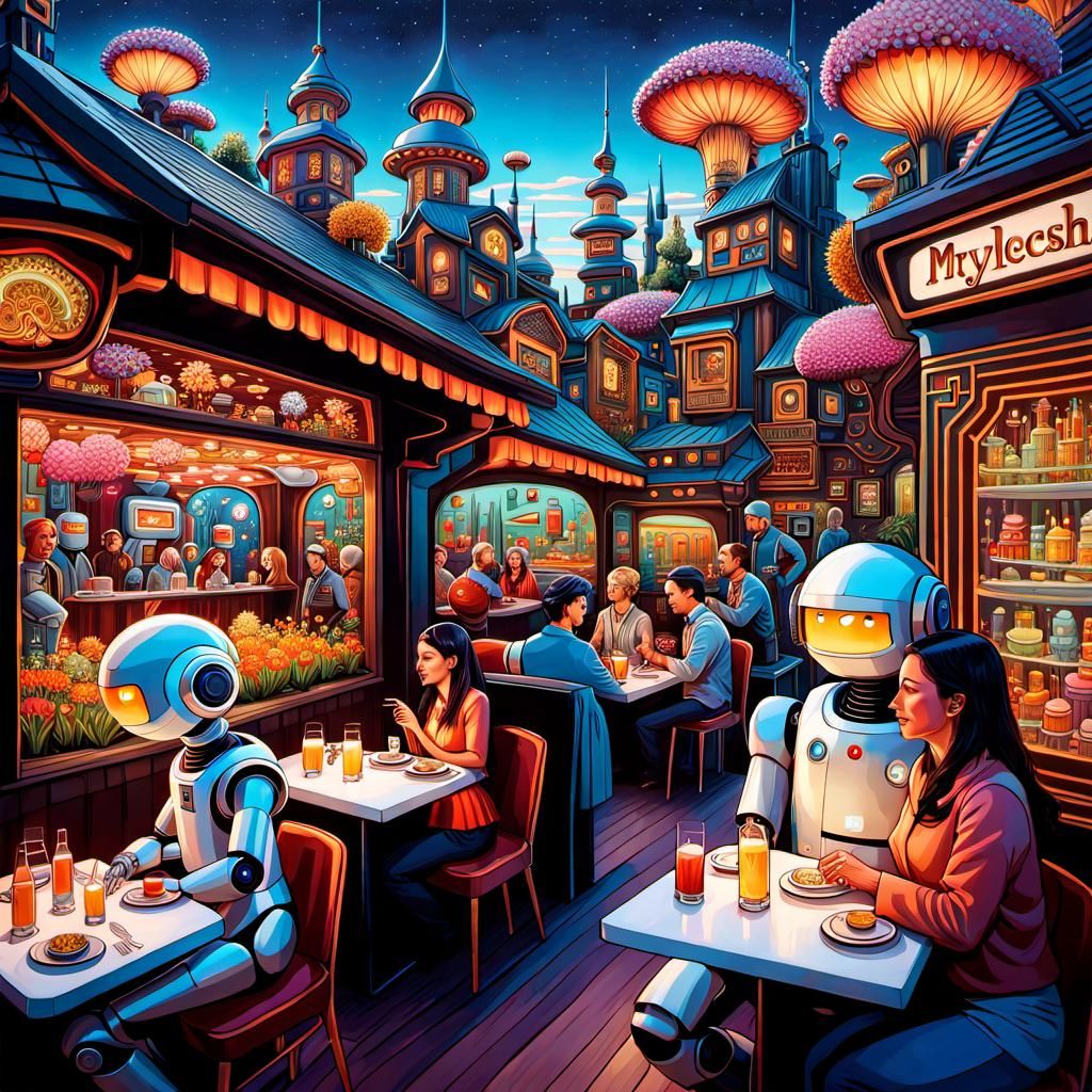 Surreal Robot Village Restaurant District Scene