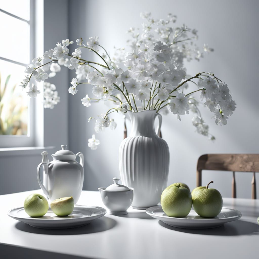 Hyperrealistic Still Life in White, Cinematic Lighting
