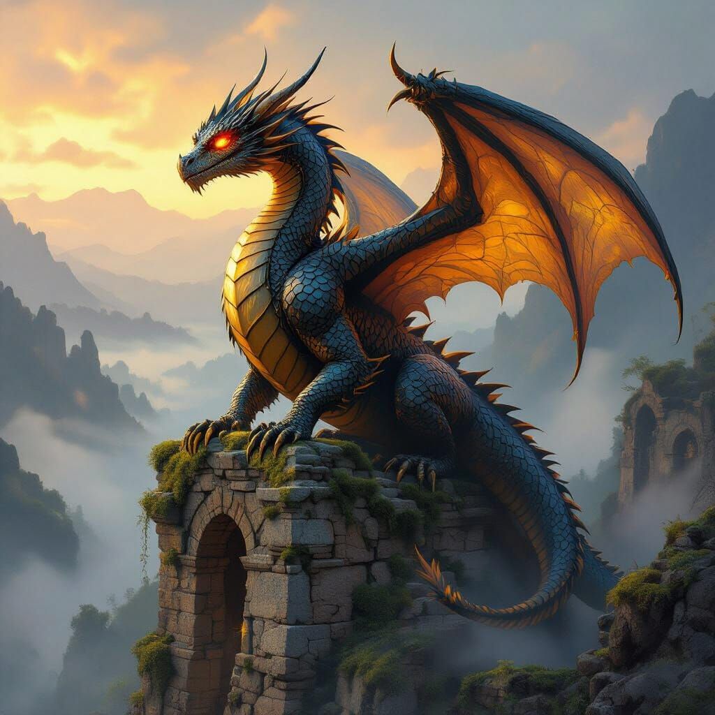 Majestic Ancient Dragon Overlooking Misty Valley